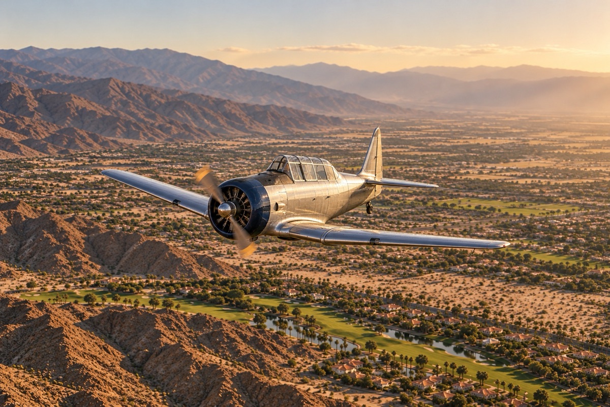 A silver propeller trainer flying low over desert hills, golf courses and palm-lined neighborhoods at sunset