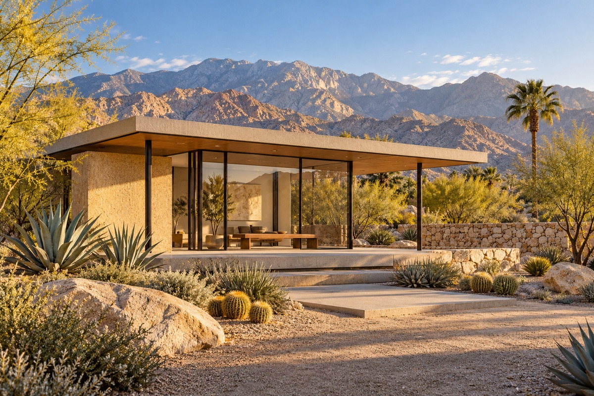 A flat-roofed glass pavilion among agave, barrel cactus and palo verde, with stone walls and the mountains beyond
