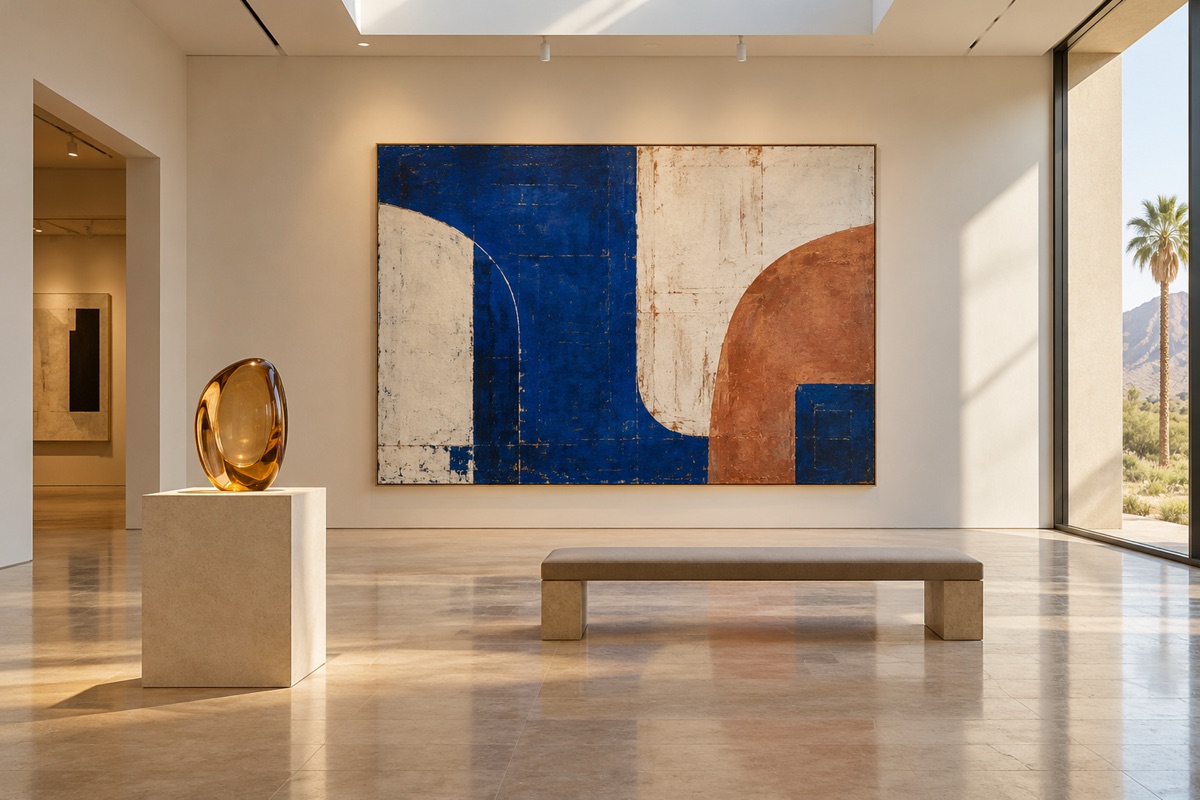 A bright gallery with a large blue, cream and terracotta abstract painting, an amber glass sculpture on a plinth and a palm beyond the window