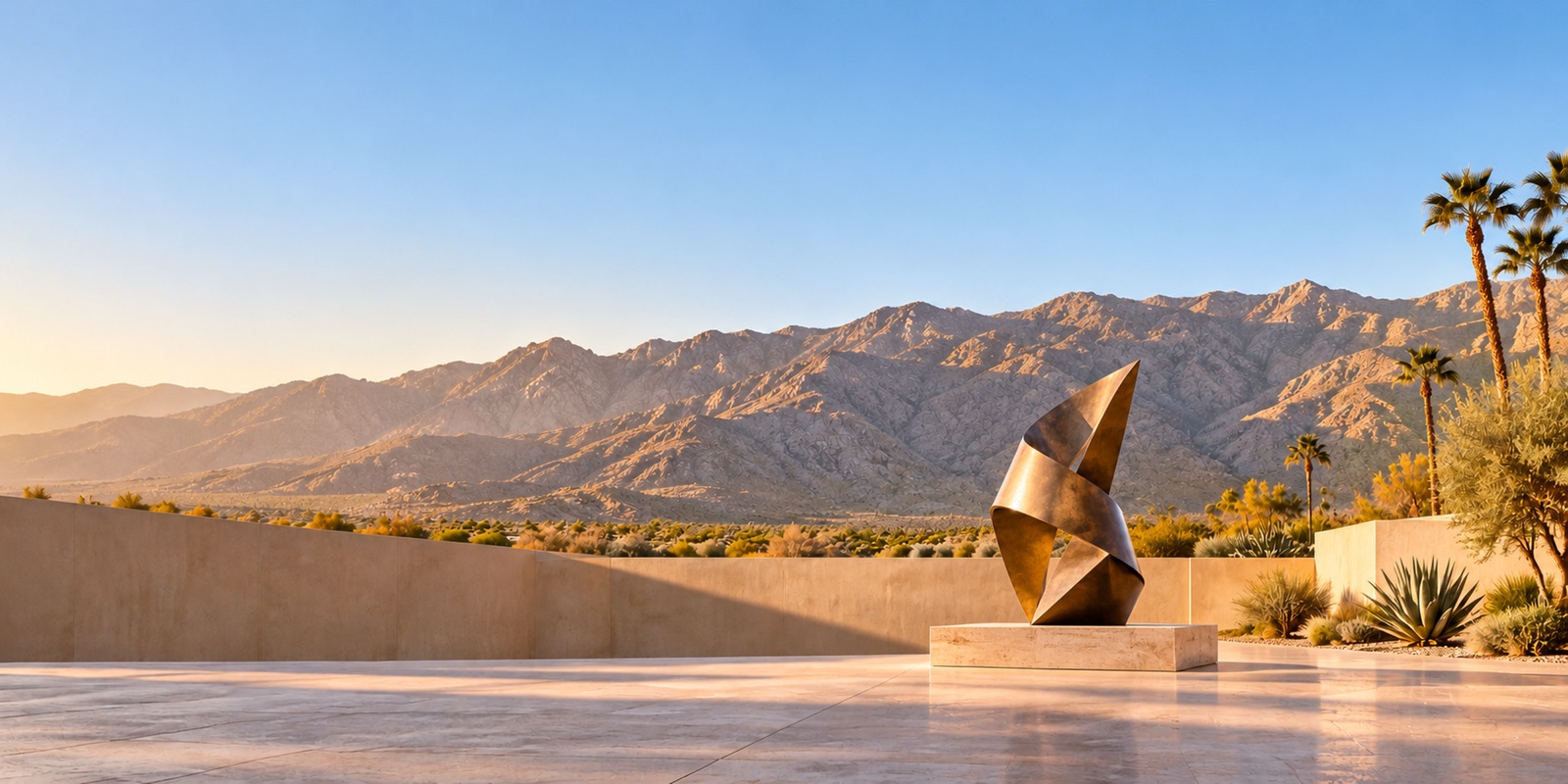 A twisting bronze sculpture on a stone terrace at golden hour, with fan palms and the mountains behind