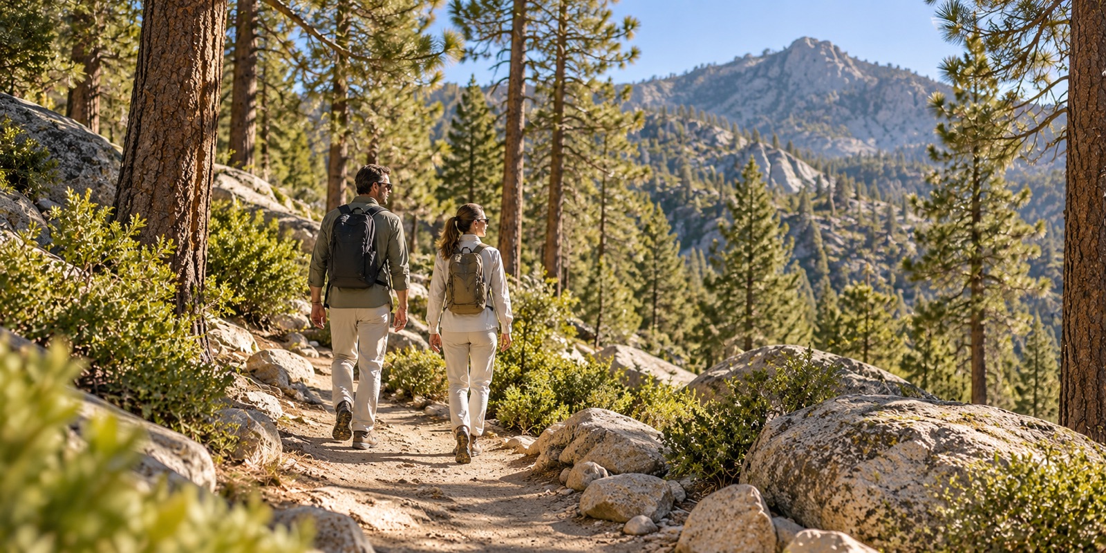 Two people walking a pine forest trail among granite boulders, with a peak beyond
