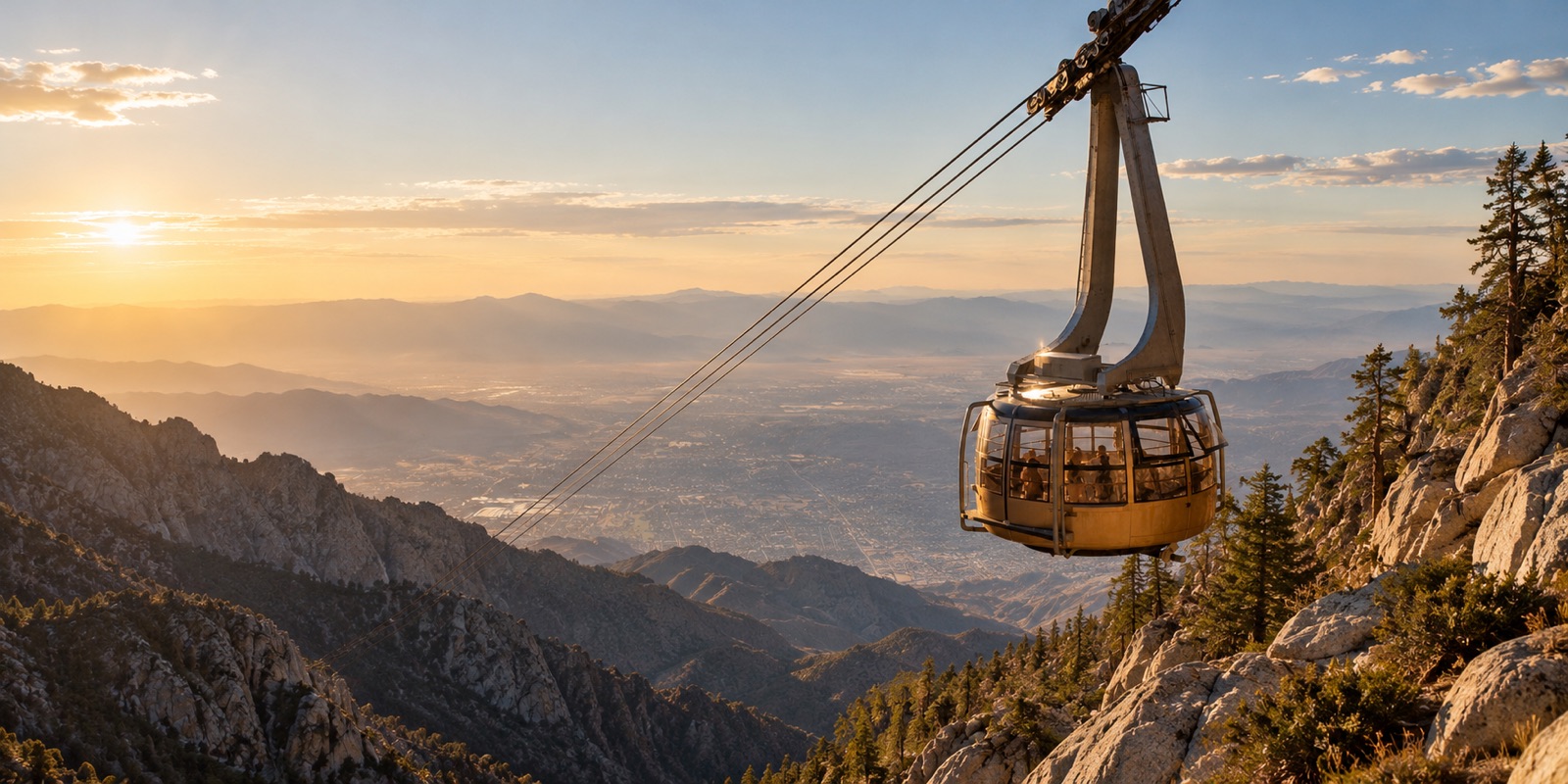 A round tram cabin above Chino Canyon in warm evening light