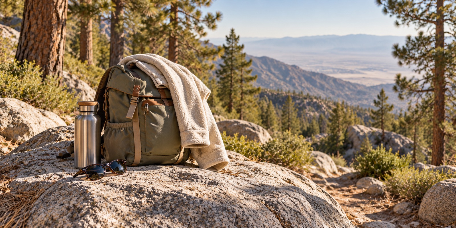 Daypack, fleece, water bottle and sunglasses on a granite boulder among mountain pines