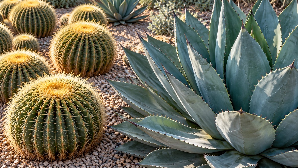 A blue-green agave beside rounded golden barrel cacti in a gravel bed