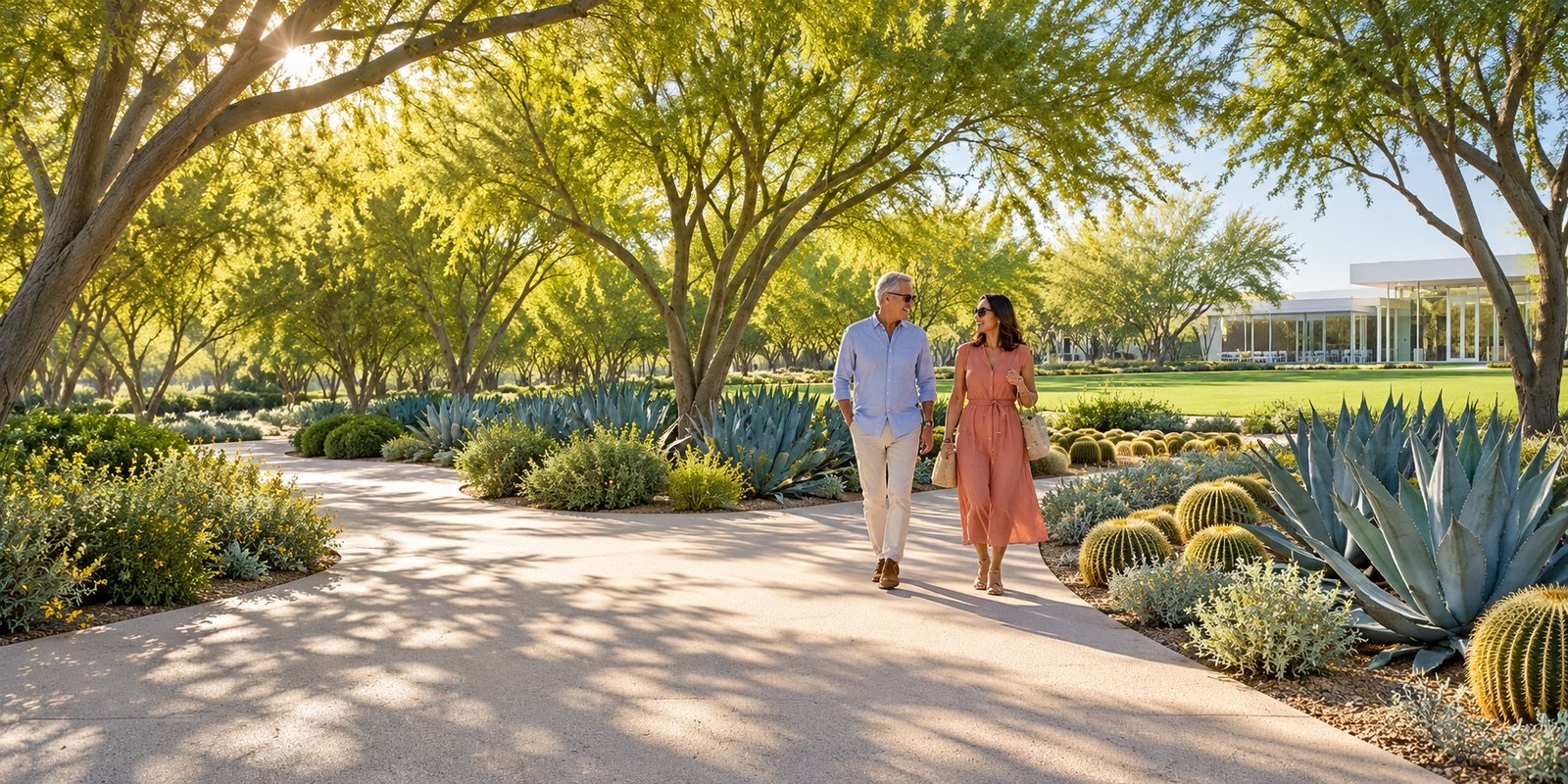 A couple walking a shaded garden path between blue agaves and golden barrel cacti under palo verde trees