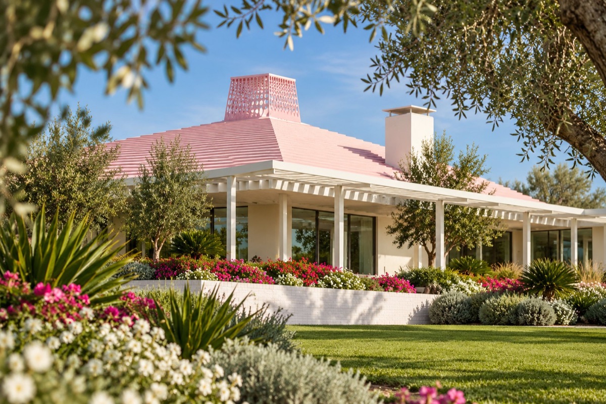 A white midcentury house with a stepped pink pyramid roof and shade trellises, behind flower beds and olive trees