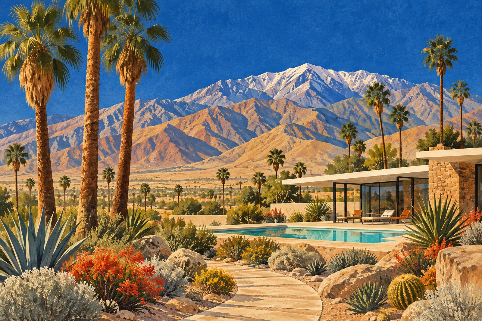 Original illustration of a crisp desert morning with palms, a pool and snow-dusted mountain peaks