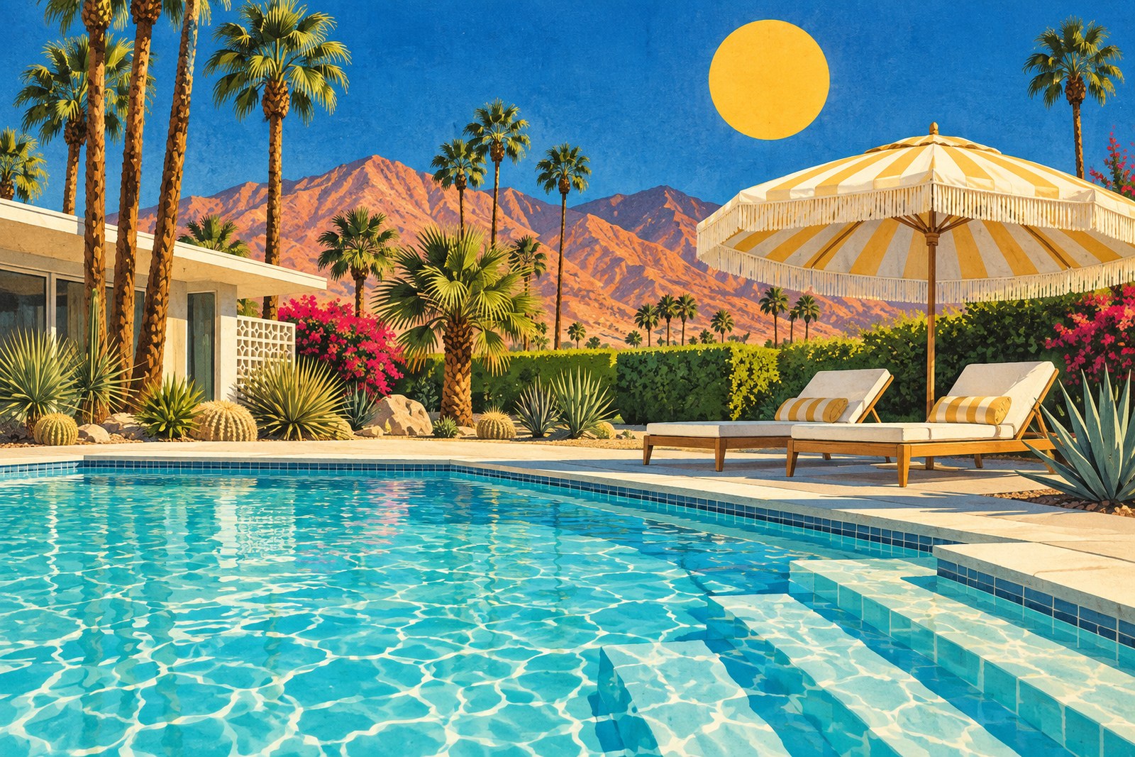 Original illustration of a turquoise desert pool, chaise lounges, a shade umbrella and a golden summer sun