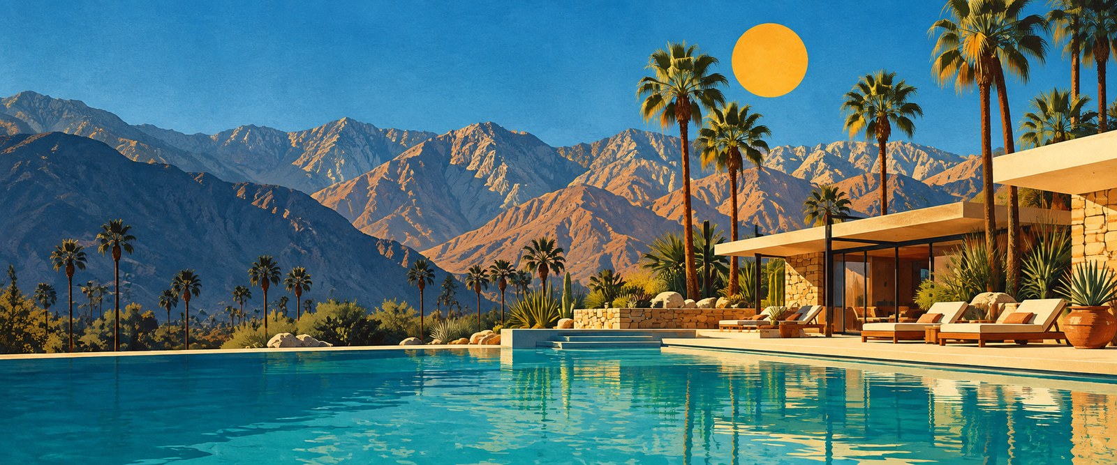 Original illustration of a turquoise pool, modern desert architecture, palms and sunlit mountains in a Palm Springs-inspired landscape